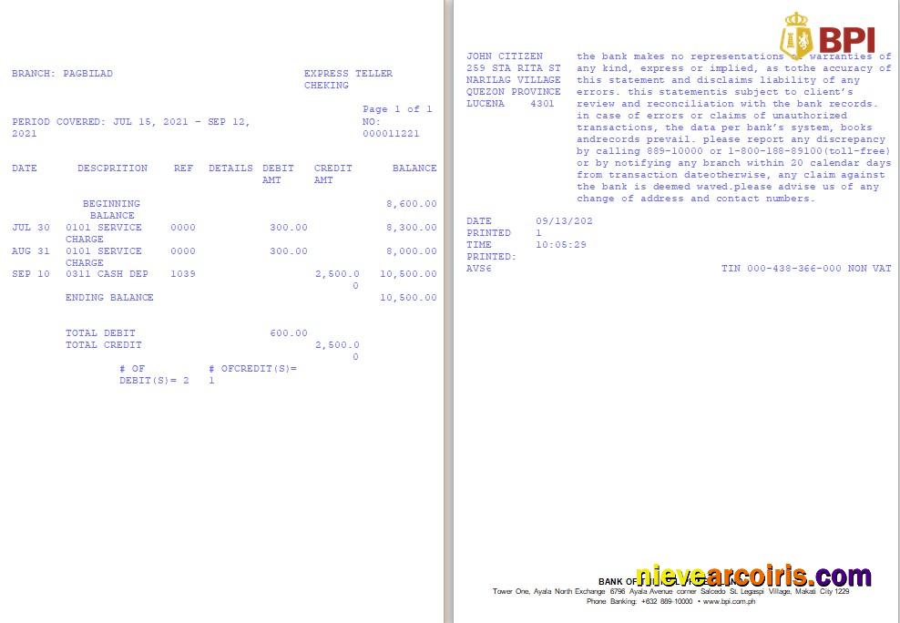 Philippines Bank of the Philippine Islands (BPI) bank statement in Word and PDF format, version 2
